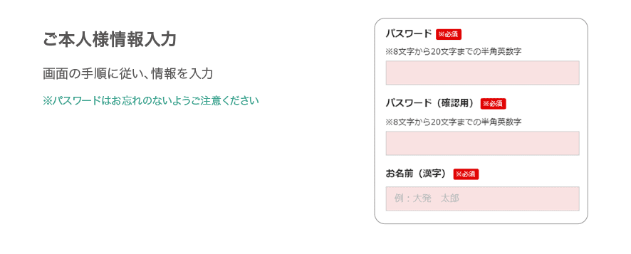 ご本人様情報入力　画面の手順に従い、情報を入力 ※パスワードはお忘れのないようご注意ください